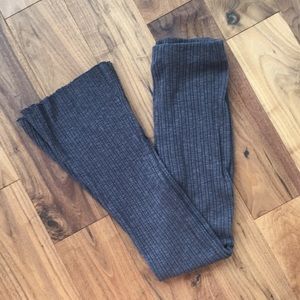 Tie waist rib-knit 3/4 cropped stretchy flare leg pants